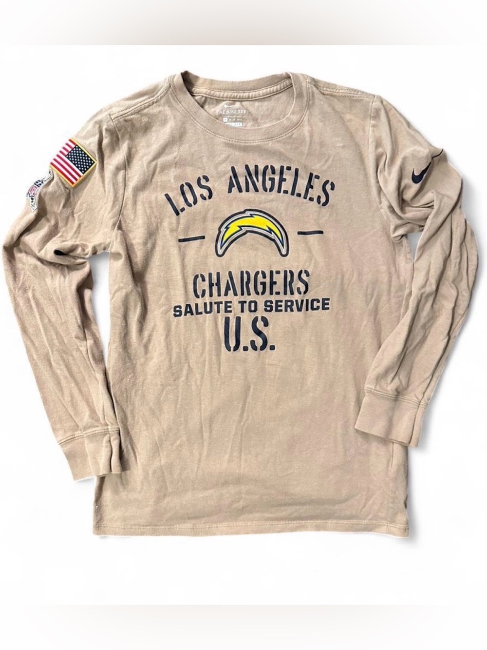 Nike Kids Long Sleeve Los Angeles Chargers Tan Shirt with Yellow Logo